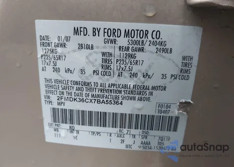 2007 Ford Edge Se z USA, uszkodzony, nr VIN 2FMDK36CX7BA55364